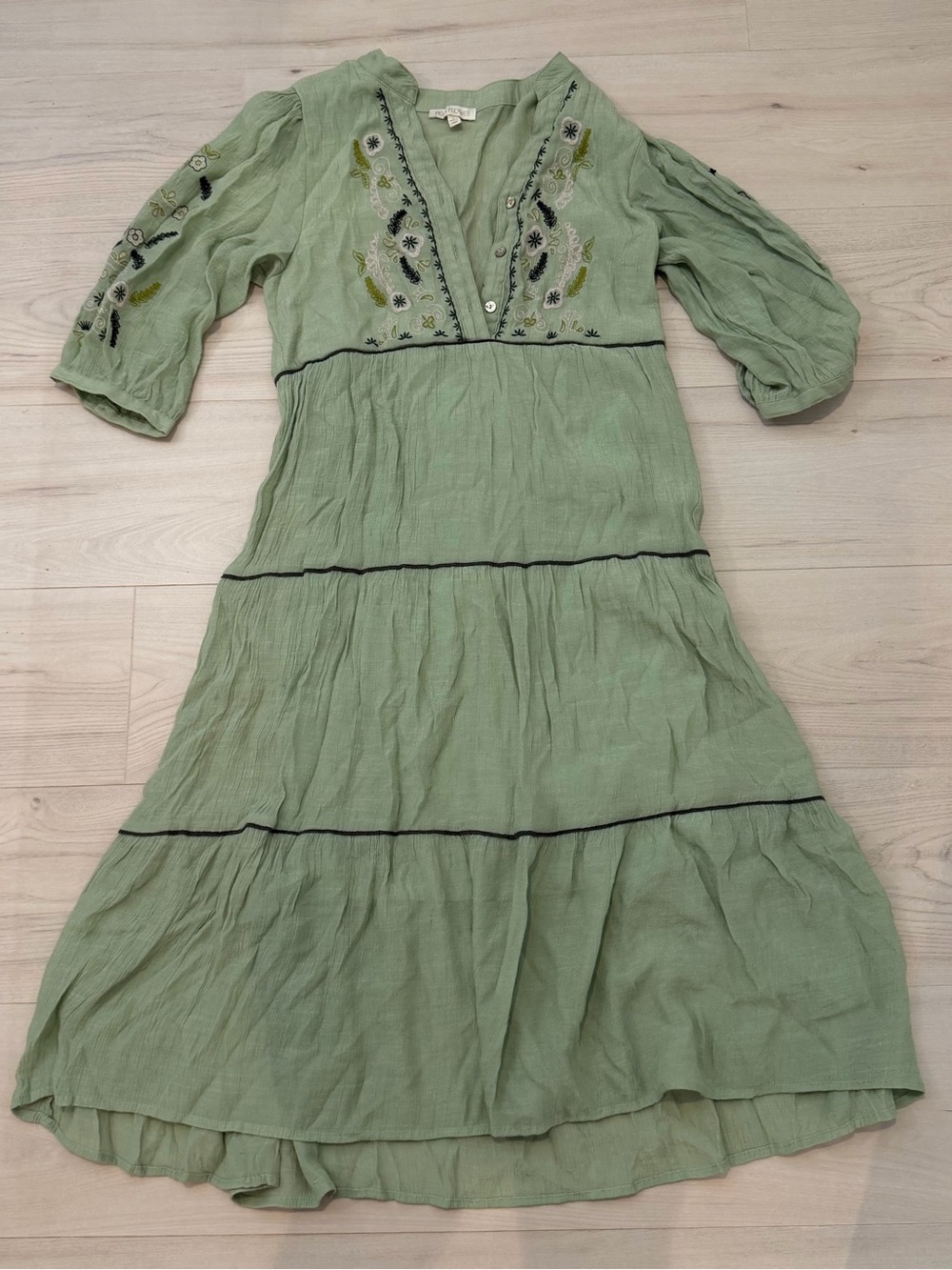 Fig and Flower Sage Green Embroidered Tiered Midi Dress